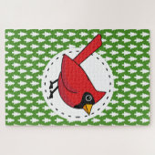 Cartoon Red Kardinal auf Green White Pines Muster Puzzle (Horizontal)