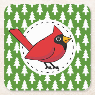 Cartoon Red Kardinal auf Green White Pines Muster Rechteckiger Pappuntersetzer