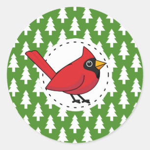 Cartoon Red Kardinal auf Green White Pines Muster Runder Aufkleber
