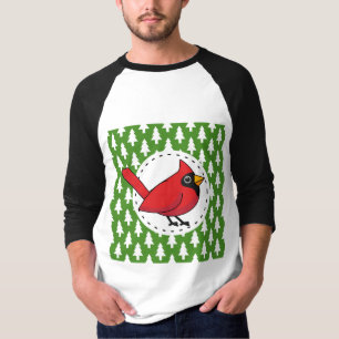 Cartoon Red Kardinal auf Green White Pines Muster T-Shirt
