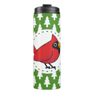 Cartoon Red Kardinal auf Green White Pines Muster Thermosbecher