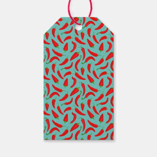 Cartoon Red Pepper Pattern auf Aquamarin Blue Geschenkanhänger (Vorderseite)