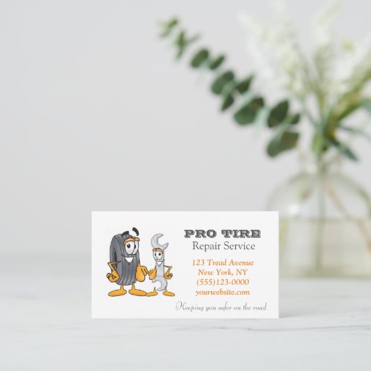 Cartoon Reifendesign Auto Reparaturservice Visitenkarte (Stehend Vorderseite)