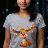 Cartoon reindeer with red nose and lights Tri-Blend shirt