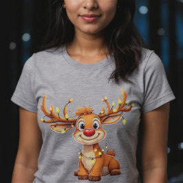 Cartoon reindeer with red nose and lights Tri-Blend shirt