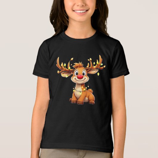 Cartoon reindeer with red nose and lights Tri-Blend shirt (Vorderseite)