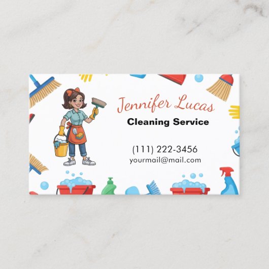 Cartoon Reinigungsdienste für Haushaltshilfe Visitenkarte (Vorderseite)