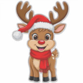 Cartoon-Rentier mit Weihnachtsmannmütze Aufkleber (Vorderseite)