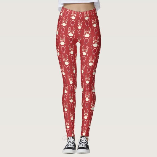 Cartoon Rentier Rotes Muster Leggings (Vorderseite)