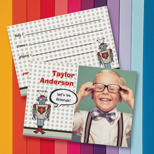 Cartoon Retro Robot Fun Kinder Foto Playdate Card Visitenkarte