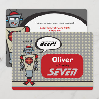 Cartoon Retro Robot Niedlich Kids Boy Geburtstagsp Einladung