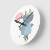 Cartoon Rhino mit Regenschirm auf Einrad-Uhr Runde Wanduhr (Winkel)