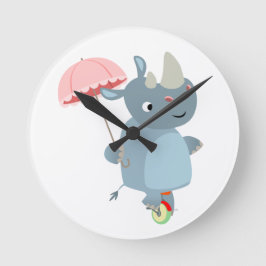 Cartoon Rhino mit Regenschirm auf Einrad-Uhr Runde Wanduhr