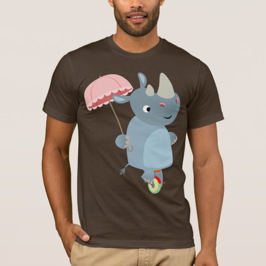 Cartoon Rhino mit Schirm auf Einrad T - Shirt (Vorderseite)