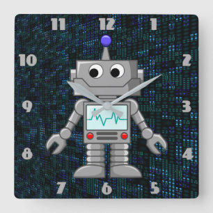cartoon robot clock quadratische wanduhr