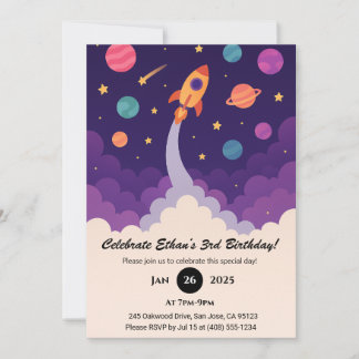 Cartoon Rocket & Colorful Galaxy Geburtstag Einladung