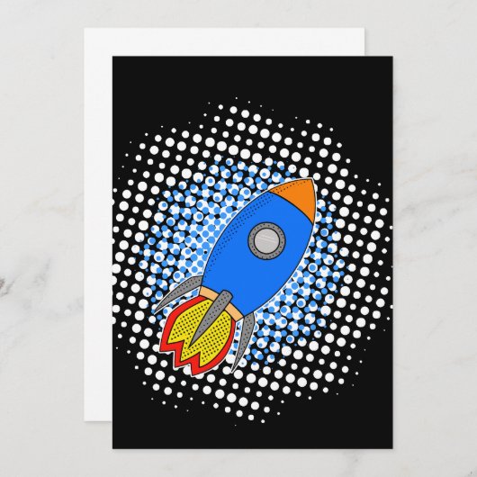 Cartoon Rocket in Blue Sky Halftones Galaxy Einladung (Vorne/Hinten)