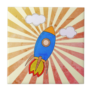 Cartoon Rocket Retro Sunset Decoration Fliese