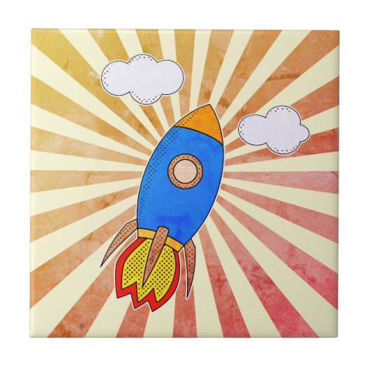Cartoon Rocket Retro Sunset Decoration Fliese (Vorderseite)