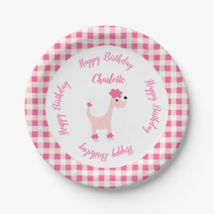 Cartoon rosa Poodle Posh Paws Gingham Geburtstag Pappteller
