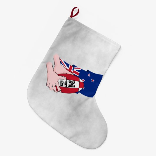 Cartoon Rugby Ball Pass New Zealand Flag Großer Weihnachtsstrumpf (Vorderansicht (hängend))