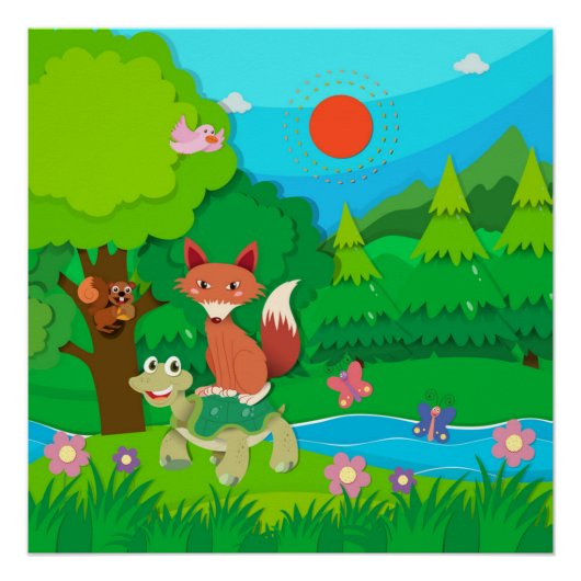 Cartoon rund um einen Teich in grüner Landschaft Poster (Vorderseite)