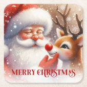 Cartoon Santa and Rudolph Cute Christmas Coasters Rechteckiger Pappuntersetzer (Vorderseite)