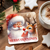 Cartoon Santa and Rudolph Cute Christmas Coasters Rechteckiger Pappuntersetzer