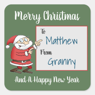 Cartoon Santa Claus, der auf den Namen des Empfäng Quadratischer Aufkleber