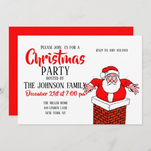 Cartoon Santa Claus got im Kamin stecken Einladung (Vorne/Hinten)