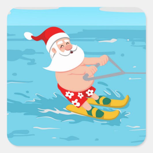 Cartoon Santa Claus water skiing Quadratischer Aufkleber (Vorderseite)