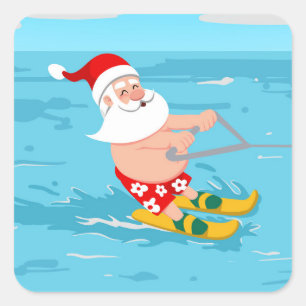 Cartoon Santa Claus water skiing Quadratischer Aufkleber
