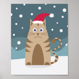 Cartoon santa kitten in der Schneeberglandschaft Poster