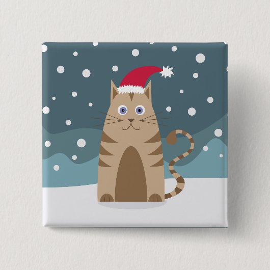 Cartoon santa kitten in Schneewald Button (Vorderseite)