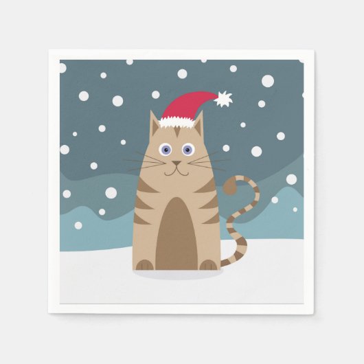 Cartoon santa kitten in Schneewald Serviette (Vorderseite)