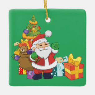Cartoon Santa mit Weihnachtsbaum und Veranstaltung Keramikornament