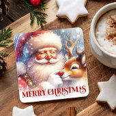 Cartoon Santa Rudolph Cute Christmas Coaster Print Rechteckiger Pappuntersetzer