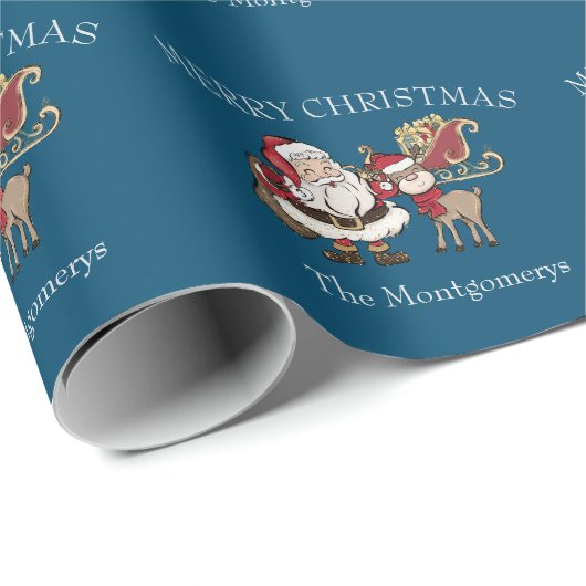 Cartoon Santa & Rudolph der Rentier auf blau Geschenkpapier (Rolleneckpunkt)