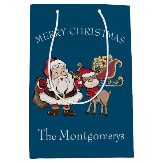 Cartoon Santa & Rudolph der Rentier auf blau Mittlere Geschenktüte (Vorderseite)