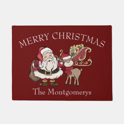 Cartoon Santa & Rudolph der Rentier auf Burgund Fußmatte (Vorderseite)
