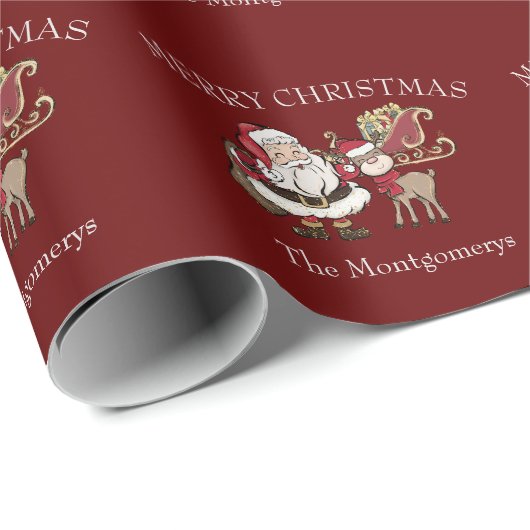 Cartoon Santa & Rudolph der Rentier auf Burgund Geschenkpapier (Rolleneckpunkt)