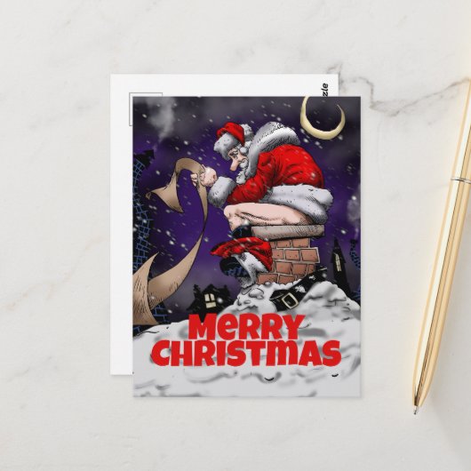 Cartoon Santa sitzt auf dem Kamin Postkarte (Vorderseite/Rückseite Beispiel)
