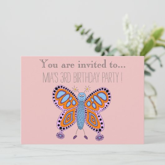 Cartoon Schmetterling Säugling oder Kleinkind Gebu Einladung (Stehend Vorderseite)