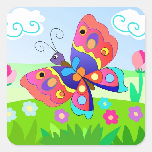 Cartoon Schmetterlinge und Blume Quadratischer Aufkleber (Vorderseite)