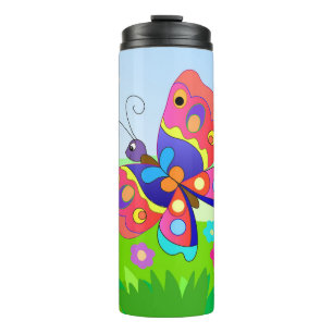 Cartoon Schmetterlinge und Blume Thermosbecher