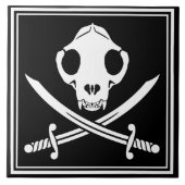 Cartoon Schwarz-weiß Jolly Kitty Pirate Skull Bone Fliese (Vorderseite)