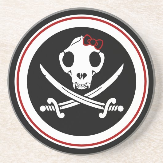 Cartoon Schwarz-weiß Jolly Kitty Pirate Skull Bone Getränkeuntersetzer (Vorne)