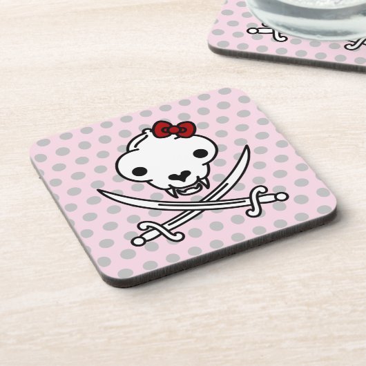 Cartoon Schwarz-weiß Jolly Kitty Pirate Skull Bone Getränkeuntersetzer (Linke Seite)