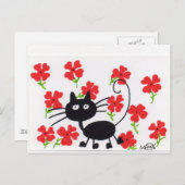 Cartoon Schwarze Katze und rote Blume Postkarte (Vorne/Hinten)