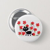 Cartoon-schwarze Katze und rote Blumen Button (Vorne & Hinten)